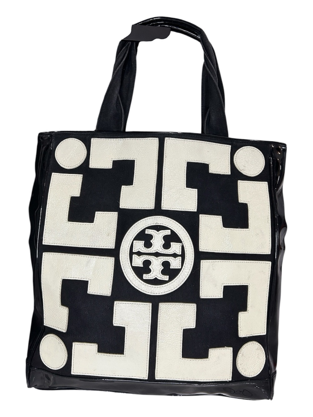 Tory Burch Black & White Geometric Logo Canvas Tote Bag with Patent Trim